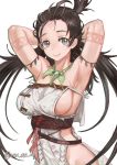 1girl armpits arms_behind_head arms_up bare_shoulders body_markings breasts brown_eyes brown_hair closed_mouth dress facial_mark fate/grand_order fate_(series) forehead forehead_mark highres himiko_(fate) large_breasts long_hair looking_at_viewer magatama magatama_necklace ninnin_(shishitou) no_bra no_panties sash side_slit sideboob simple_background smile topknot twintails white_background white_dress 