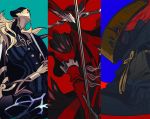  3boys antonio_salieri_(fate/grand_order) aqua_background armor black_armor black_headwear blonde_hair blue_background blue_cape boots cape clawed_gauntlets claws covered_face fate/grand_order fate_(series) gauntlets grin hat holding holding_sword holding_weapon horns katana long_hair looking_at_viewer male_focus mask multiple_boys parted_lips photoshop_(medium) red_armor red_background red_eyes red_hair rice_hat shaded_face simple_background smile standing sword tobi0728 weapon 