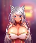  1girl animal_ear_fluff animal_ears blue_eyes breasts cleavage commentary english_commentary facial_mark hands_on_own_chest huge_breasts indie_virtual_youtuber kaptivate long_hair looking_at_viewer silver_hair silvervale slit_pupils smile solo upper_body 