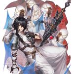  1girl 4boys ambiguous_red_liquid armor black_gloves black_hair blue_eyes cup gloves hair_over_one_eye half_gloves holding holding_cup hood hood_down knight liquid medium_hair multiple_boys original pauldrons shoulder_armor sword weapon wide_sleeves winter_(winter168883) 