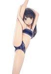  1girl :o alice_gear_aegis armpits arms_up bangs bare_arms bare_legs bare_shoulders bikini black_hair blue_bikini blush breasts collarbone eyebrows_visible_through_hair feet_out_of_frame green_eyes highres koashi_mutsumi leg_up long_hair looking_at_viewer navel open_mouth simple_background small_breasts solo standing standing_on_one_leg stomach striped striped_bikini sunga2usagi swimsuit thighs white_background 
