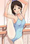  1girl arms_up ayase_honoka blue_leotard brown_eyes covered_navel dance_studio flexible hair_ornament hair_scrunchie idolmaster idolmaster_cinderella_girls indoors leotard norimaki_(haru_koubou) open_mouth pantyhose scrunchie short_hair solo split standing standing_on_one_leg standing_split white_legwear 