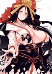  1girl bead_necklace beads black_hair breast_curtains breasts commentary_request facial_mark fate/grand_order fate_(series) fingernails forehead headdress highres himiko_(fate) huge_breasts japanese_clothes jewelry long_hair nakamura_regura necklace smile solo tattoo very_long_hair 