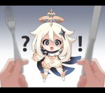  ! 1girl :d ? arms_at_sides bangs black_eyes blonde_hair blurry boots cape chibi commentary depth_of_field dress fork genshin_impact gradient gradient_background grey_background hair_flaps hair_ornament halo holding holding_fork holding_knife knife legs_apart letterboxed long_sleeves looking_at_viewer open_mouth out_of_frame paimon_(genshin_impact) pov pov_hands ran_system scarf short_jumpsuit single_thighhigh smile solo_focus sweatdrop thighhighs white_background white_dress white_hair white_legwear 