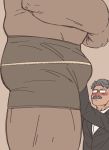  2boys bara black_hair blush boxers bulge close-up crotch dobito_mn facial_hair formal giant giant_male glasses grey_hair highres male_focus male_underwear measuring multiple_boys muscle mustache orc original short_hair size_difference sketch suit tape_measure thick_thighs thighs underwear underwear_only 