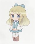  1girl ayu_(mog) blonde_hair blue_bow blue_dress blue_eyes blush bow brown_footwear dress full_body hair_bow long_hair long_sleeves looking_at_viewer original pantyhose parted_lips shoes signature simple_background solo v_arms white_background white_legwear 