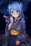  1girl blue_eyes blue_hair blue_kimono blush breasts cloud double_bun floral_print highres japanese_clothes kantai_collection kimono looking_at_viewer medium_breasts night official_alternate_costume outdoors senbei_(senbe_i) solo urakaze_(kantai_collection) yukata 