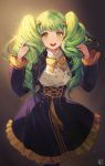  1girl alternate_costume alternate_hairstyle bangs dress fire_emblem fire_emblem:_three_houses flayn_(fire_emblem) frilled_dress frilled_skirt frilled_sleeves frills glowing glowing_hair gold_trim green_eyes green_hair hair_ornament hands_in_hair highres petite simple_background skirt smile teeth twintails velahka 