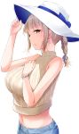  1girl blue_ribbon braid breasts earrings green_eyes hat jewelry large_breasts light_brown_hair moruta_(sunu-pio) navel one_eye_closed original ribbon simple_background solo white_background white_headwear 