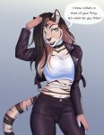  anthro black_lips breasts brown_hair clothed clothing dialogue ear_piercing english_text felid female hair hi_res lips mammal midriff navel open_mouth pantherine piercing sakana solo text thecatnamedfish tiger 