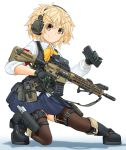  1girl ar-15 armband assault_rifle bangs black_footwear blonde_hair blouse blue_skirt boots bow bowtie brown_legwear bulletproof_vest closed_mouth collared_blouse commentary_request eyebrows_visible_through_hair gloves green_gloves gun handgun headphones highres holding holster long_sleeves looking_at_viewer magazine_(weapon) messy_hair mikeran_(mikelan) miniskirt one_knee orange_eyes original pleated_skirt rifle school_uniform shadow short_hair simple_background skirt sleeve_rolled_up smile solo thigh_holster thigh_pouch thigh_strap thighhighs trigger_discipline v-shaped_eyebrows weapon white_background white_blouse wing_collar yellow_neckwear 