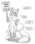  4:5 angry bottomless breasts canid canid_taur canine canine_taur clothed clothing dialogue english_text female flinters fox fox_taur fur hair hi_res holding_object holding_sign mammal mammal_taur monochrome multi_tail solo taur text 