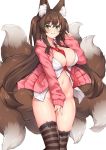  1girl absurdres animal_ear_fluff animal_ears bangs blush bottomless breasts brown_hair cleavage collared_shirt commission covering covering_crotch eyebrows_visible_through_hair fox_ears green_eyes hair_between_eyes hal_(h_lambda_l) highres jacket large_breasts long_hair long_sleeves multiple_tails navel necktie original parted_lips pink_jacket shirt simple_background smile solo stomach striped striped_legwear tail teeth thighhighs twintails very_long_hair white_background white_shirt 