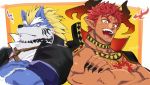  2boys animal_ears back-to-back bara bare_chest blue_eyes blue_fur chest chest_harness chest_tattoo collarbone crossed_arms dark_skin dark_skinned_male fenrir_(tokyo_houkago_summoners) furry harness high_collar highres horns ifrit_(tokyo_houkago_summoners) jacket male_focus multiple_boys muscle open_clothes open_jacket pointy_ears red_eyes red_hair short_hair sketch spiked_hair tattoo thick_eyebrows tokyo_houkago_summoners two-tone_fur upper_body white_fur wolf_boy wolf_ears yakisoba_ohmori 