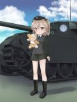  1girl absurdres boko_(girls_und_panzer) breasts caterpillar_tracks centurion_(tank) cloud day emblem english_commentary girls_und_panzer grass ground_vehicle highres japanese_tankery_league_(emblem) light_brown_eyes light_brown_hair military military_vehicle motor_vehicle selection_university_(emblem) selection_university_military_uniform shimada_arisu side_ponytail skirt sky stuffed_animal stuffed_toy tank teddy_bear user_hzst3585 