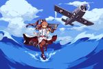  1girl aircraft airplane breast_pocket breasts brown_hair brown_legwear cloud day dress flight_deck holding kantai_collection large_breasts leg_up long_hair lowres open_mouth outdoors pixel_art pocket ponytail saratoga_(kantai_collection) short_sleeves side_ponytail sky solo thighhighs warabin_(suteki_denpun) water white_dress 