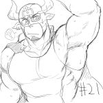  1boy ? arm_up armpits bara blush chest facial_hair goatee greyscale highres male_focus monochrome muscle short_hair sketch solo spoken_question_mark taurus_mask tight tokyo_houkago_summoners white_background wrestling_mask wrestling_outfit yakisoba_ohmori 