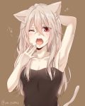  1girl animal_ear_fluff animal_ears arm_behind_head arm_up armpits bangs bare_arms bare_shoulders black_camisole blush breasts brown_background brown_hair camisole cat_ears cat_girl cat_tail cleavage collarbone commentary_request eyebrows_visible_through_hair hair_between_eyes hand_up long_hair one_eye_closed open_mouth original red_eyes simple_background small_breasts solo tail tears upper_teeth yamasuta yawning 