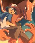  1boy ash_ketchum bangs baseball_cap black_hair blush brown_eyes carrying charizard claws commentary_request cyaneko fingerless_gloves gen_1_pokemon gloves hat hood hoodie looking_to_the_side open_mouth pants pokemon pokemon_(anime) pokemon_(creature) pokemon_bw_(anime) shoes short_sleeves tongue 