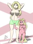  3:4 big_breasts blonde_hair blue_eyes breasts clothed clothing cutie_mark duo equid equine female feral fur hair hasbro hi_res human mammal my_little_pony navel nipples pegasus pink_body pink_fur pink_wings sailoranna square_crossover topless wings 