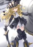  1girl armored_boots bangs black_gloves black_rock_shooter blonde_hair blurry blurry_background boots center_frills chariot_(black_rock_shooter) closed_mouth crown depth_of_field dress eyebrows_visible_through_hair floating_hair frilled_dress frills gloves gradient gradient_background grey_background hair_between_eyes headpiece highres holding holding_shield holding_sword holding_weapon long_hair long_sleeves looking_at_viewer raglan_sleeves ronopu serious shield solo spiral_eyes sword thigh_boots thighhighs v-shaped_eyebrows very_long_hair weapon white_background white_dress yellow_eyes zettai_ryouiki 