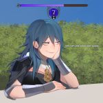  1girl armor blue_eyes blue_hair byleth_(fire_emblem) byleth_(fire_emblem)_(female) english_commentary english_text eyebrows_visible_through_hair fire_emblem fire_emblem:_three_houses hair_between_eyes highres lavelis outdoors sitting smirk solo table upper_body 