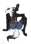  anthro arctic_fox belt bottomwear canid canine chloe_(johnfoxart) clothed clothing female fishnet fishnet_legwear fox fur hi_res jacket johnfoxart leather leather_jacket legwear looking_at_viewer mammal pantyhose pawpads paws presenting raised_leg shirt shorts sitting solo stockings topwear white_body white_fur 