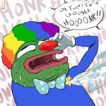  1:1 amphibian anthro bodily_fluids bow_tie clothed clothing clown clown_nose coomer english_text eye_roll frog honk humor innuendo male meme open_mouth pepe_the_frog pornomagnum profanity reaction_image signature solo suggestive sweat text uvula 