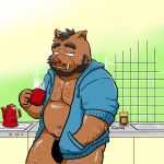  1:1 2020 anthro belly beverage blush censored ch_ia_ki clothed clothing coffee hi_res hoodie inside kemono male mammal open_clothing open_hoodie open_topwear slightly_chubby solo suid suina sus_(pig) topwear wild_boar 