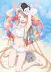  1girl :d abigail_williams_(fate/grand_order) abigail_williams_(swimsuit_foreigner)_(fate) absurdly_long_hair absurdres animal animal_on_head armpits arms_up bare_arms bare_legs bare_shoulders barefoot beach bikini black_cat blue_eyes bow breasts bright_pupils cat cat_on_head cleavage fate/grand_order fate_(series) groin hat hat_bow heart highres innertube kneeling long_hair navel on_head open_mouth orange_hair pretty-purin720 shadow smile star_(symbol) swimsuit teeth very_long_hair water white_bikini white_bow white_headwear 