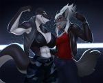  2020 5:4 5_fingers abs anthro black_body black_fur blue_eyes breasts canid canine canis clothed clothing digital_media_(artwork) duo ear_piercing female fingers fur grey_body grey_fur hair mammal piercing reptile scalie skiba613 smile snake standing white_hair wolf 