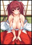  1girl bangs bare_shoulders breasts cleavage collarbone commentary_request covered_nipples cygnus_(cygnus7) eyebrows_visible_through_hair fingernails hair_between_eyes hair_ornament hair_ribbon highres huge_breasts japanese_clothes kimono looking_at_viewer original red_eyes red_hair ribbon seiza shiny shiny_skin sitting solo sweatdrop twintails v_arms 