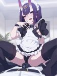  1boy 1girl alternate_costume apron bangs black_dress black_legwear black_neckwear blush bob_cut breasts brooch bulge cum detached_collar dress enmaided eyeliner fate/grand_order fate_(series) girl_on_top headpiece horns jewelry kakure_eria licking_lips looking_at_viewer maid maid_headdress makeup oni oni_horns open_mouth puffy_short_sleeves puffy_sleeves purple_eyes purple_hair short_dress short_eyebrows short_hair short_sleeves shuten_douji_(fate/grand_order) sideboob skin-covered_horns small_breasts smile spread_legs straddling thighhighs thighs tongue tongue_out waist_apron white_apron wristband 