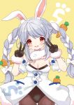  1girl animal_ear_fluff animal_ears black_gloves black_legwear blue_hair blush bow braid breasts bunny_ears carrot_hair_ornament carrot_print cleavage commentary_request cowboy_shot don-chan_(usada_pekora) double_v eyebrows_visible_through_hair food_print food_themed_hair_ornament fur-trimmed_gloves fur_trim gloves hair_bow hair_ornament highres hololive long_hair looking_at_viewer maitou medium_breasts open_mouth pantyhose playboy_bunny red_eyes short_eyebrows simple_background solo thick_eyebrows twin_braids usada_pekora v virtual_youtuber white_bow white_hair yellow_background 