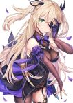  1girl bare_shoulders black_legwear blonde_hair bodystocking breasts bridal_gauntlets dress elbow_gloves eyepatch fischl_(genshin_impact) garter_straps genshin_impact gloves green_eyes gu_luco hair_ornament hair_over_one_eye hair_ribbon hand_up highres long_hair looking_at_viewer petals ribbon single_thighhigh small_breasts smile solo thighhighs thighs two_side_up 