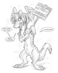  4:5 alternate_species anthro dialogue english_text flinters fur hair head_wings herpestid hi_res holding_object holding_sign male mammal mongoose monochrome nude simple_background solo text white_background wings 