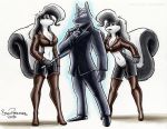  anthro anthro_skunk black_body black_fur breasts brian_reynolds canid cleavage clothed clothing darkwitt_(character) female fur group hair half-closed_eyes legwear male mammal mephitid midriff narrowed_eyes navel skunk striped_skunk thigh_highs toonfx white_hair 