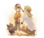  2boys barefoot baseball_cap basketball brown_pants capri_pants closed_eyes commentary_request cube gekkou_hotaru gen_5_pokemon hat highres holding long_hair multiple_boys n_(pokemon) one_eye_closed open_mouth orange_shirt pants pokemon pokemon_(creature) pokemon_(game) pokemon_bw shirt shoes short_sleeves smile standing tied_hair toes undershirt white_shirt zorua 