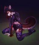  2020 absurd_res anthro arh blood bodily_fluids breasts brown_hair canid canine canis detailed_background digital_media_(artwork) eyebrows eyelashes female grass green_eyes hair hi_res holding_object holding_sword holding_weapon kneeling mammal melee_weapon midriff navel night outside red_wolf skylar_zero solo sword weapon wolf 