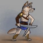  1:1 abstract_background ancient ancient_rome anthro armor bare_chest barefoot belt canid canine canis clothing dual_wielding fur gladiator greaves grey_body grey_fur holding_object holding_weapon loincloth male mammal melee_weapon neck_tuft pauldron roman roman_empire snarling solo sword tuft vestina warrior weapon wolf 