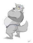  2020 absurd_res anthro belly big_belly bulge butt canid canine canis canson claws clothing cute_fangs fur grey_body grey_fur hi_res jockstrap looking_back male mammal overweight overweight_anthro overweight_male plantigrade shirt simple_background smile solo topwear underwear white_background wolf 