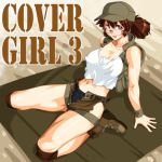  1girl arikawa arm_support baseball_cap belt belt_buckle black_panties boots breasts brown_eyes brown_footwear brown_hair brown_legwear buckle collarbone commentary_request covered_nipples fio_germi glasses hat knee_pads large_breasts leaning_back long_hair looking_at_viewer metal_slug midriff military navel open_clothes open_shorts open_vest panties ponytail presenting seiza shirt short_shorts shorts simple_background sitting smile solo tank_top thighs underwear uniform unzipped vest weapon white_shirt wristband zipper 
