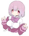  1girl bow bowtie breasts commentary_request cropped_torso large_breasts looking_at_viewer maitou off_shoulder purple_hair red_eyes shinjou_akane short_hair simple_background smile solo ssss.gridman twitter_username white_background 