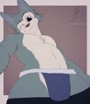  2020 absurd_res anthro beastars black_bottomwear black_clothing black_nose blue_bottomwear blue_clothing border bottomwear brown_background brown_eyes bulge canid canine canis chest_tuft clothed clothing fur genital_outline grey_body grey_border grey_fur hi_res jockstrap legoshi_(beastars) looking_at_viewer looking_down male mammal one_eye_closed pants_down partially_clothed penis_outline raccoon_douglas_(artist) scar simple_background smile solo topless tuft underwear wolf 