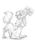  4:5 ass_up bottomless breasts canid canid_taur canine canine_taur clothed clothing english_text female flinters fox fox_taur fur hair hi_res holding_object holding_sign mammal mammal_taur monochrome nipple_outline open_mouth simple_background solo taur text white_background 