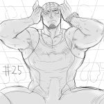 1boy armpits arms_up bara bare_shoulders blush chest erection erection_under_clothes facial_hair goatee greyscale highres male_focus mask mask_removed monochrome multicolored_hair muscle removing_mask short_hair sketch taurus_mask tight tokyo_houkago_summoners two-tone_hair white_background yakisoba_ohmori 