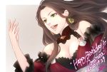  1girl breasts brown_hair character_name cleavage dated dorothea_arnault dress earrings fire_emblem fire_emblem:_three_houses green_eyes happy_birthday highres jewelry long_hair open_mouth sakuya815 simple_background solo upper_body 