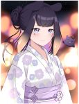  1girl absurdres black_hair english_commentary falaoee hair_bun halo highres hololive hololive_english japanese_clothes kimono light_blush looking_at_viewer mole mole_under_eye ninomae_ina&#039;nis pointy_ears purple_eyes solo tako_(ninomae_ina&#039;nis) virtual_youtuber yukata 