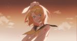  1girl bare_arms bare_shoulders blonde_hair bloom blue_eyes bow cloud grin hair_bow hair_ornament hairclip highres hui_yan kagamine_rin looking_at_viewer number_tattoo orange_sky sailor_collar shirt short_hair shoulder_tattoo sky sleeveless sleeveless_shirt smile star_(sky) starry_sky sunset tattoo treble_clef twilight vocaloid 