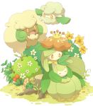  :d bush closed_eyes commentary_request cottonee flower gen_5_pokemon grass hands_up jippe lilligant no_humans open_mouth orange_eyes petilil pokemon pokemon_(creature) sitting sleeping smile tongue tree_stump whimsicott yellow_flower 